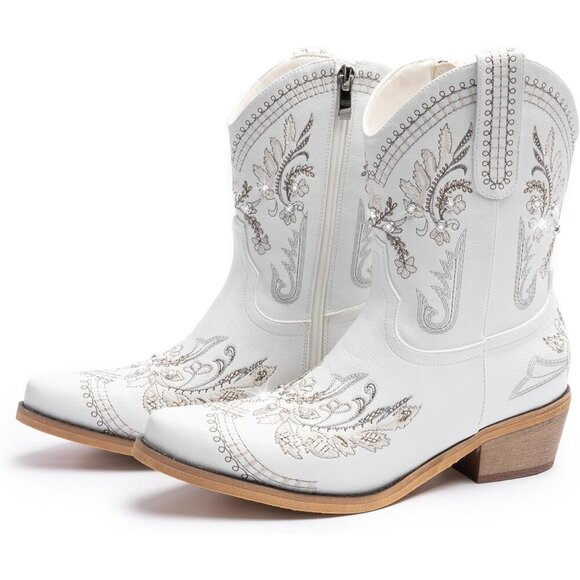 Cusolemore Cowboy Boots for Women Sparkly Rhinestone Embroidered Ankle Boots - Picture 2 of 8